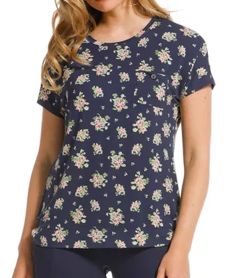 Pyjama top dames - Deluxe - NOS - Donkerblauw pyjama shirt korte mouw - Bloemen print
