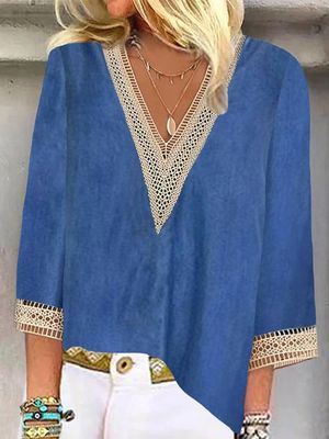 Plain Hollow Out Lace V Neck Casual Shirt Plain Hollow Out Lace V Neck Casual Shirt