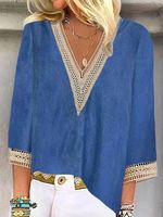 Plain Hollow Out Lace V Neck Casual Shirt - thumbnail