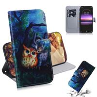Olieverf schilderij uil patroon gekleurde tekening horizontale Flip lederen case voor Sony Xperia 1 met houder & kaartsleuven & portemonnee