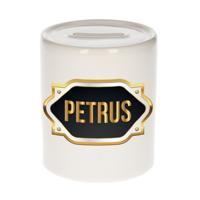 Spaarpot met voornaam Petrus - wit - goud/zwart embleem - 8 x 9 cm - keramiek - afsluitdop
