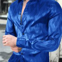 Bon&Bon Men's Allover Print Casual Shirt | Black Long Sleeve Royal Blue / L