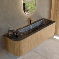 Mondiaz KURVE-DLUX 145 cm Onderkast Greeploos 1 Lade Met Deuren Oak, Wastafel Solid Surface Rechts Lava 1 Kraangat Zonder Spiegel (KRVBGL145L1L1D1KR-Oak/Lav)