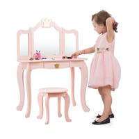 Kaptafel en Kruk voor Kinderen met Inklapbare Spiegel en Lade Houten Make Up Tafel met 3 Accessoires & Schattige Kroonpatronen Roze Kaptafel en Kruk voor Kinderen met Inklapbare Spiegel en Lade Houten Make Up Tafel met 3 Accessoires & Schattige Kroonpatronen Roze