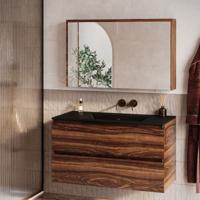 Fontana Rovigo badmeubel 100cm walnoot met zwarte wastafel zonder kraangat en spiegelkast zonder verlichting - thumbnail