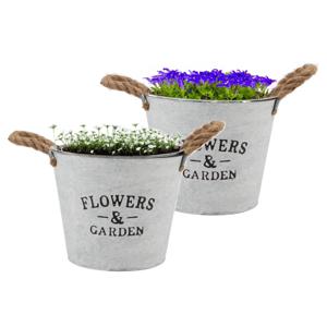 Plantenpot/bloempot emmer Jardin - 2x - rond - zink - wit - D22 x H16 cm