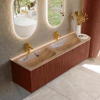 Badmeubel Mondiaz Kurve-Dlux | 165 cm | Meubelkleur Ruby | Wastafelkleur Arena | Solid surface | Dubbel / Links spoelbak | 2 kraangaten