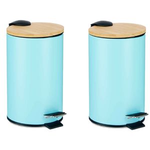 Prullenbak/pedaalemmer - 2x - turquoise blauw - 3 liter - metaal/bamboe - 17 x 23,5 cm