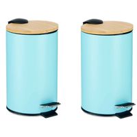 Prullenbak/pedaalemmer - 2x - turquoise blauw - 3 liter - metaal/bamboe - 17 x 23,5 cm - thumbnail