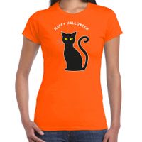 Halloween verkleed t-shirt voor dames - zwarte kat - oranje - themafeest outfit - thumbnail