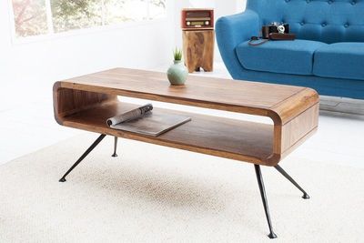 Retro salontafel ALPHA 100cm Sheesham steenafwerking met massief houten plank zwarte metalen poten - 37512
