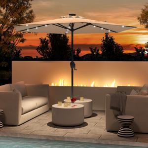230 cm Zonnescherm op Zonne-Energie voor Terras Stevig Zonnescherm met LED-Verlichting Kantelknop Zwengel Geventileerd Zonnescherm