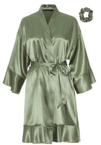 Satin-Luxury badjas satijn kort met ruffles - pastel groen