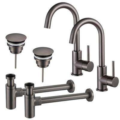 Fortifura Calvi Wastafelkraanset - voor dubbele wastafel - hoge wastafelkraan - draaibare uitloop - always open plug - design sifon - Geborsteld Gunmetal PVD 2x SW809350/2x SW769487/2x SW767297