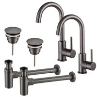 Fortifura Calvi Wastafelkraanset - voor dubbele wastafel - hoge wastafelkraan - draaibare uitloop - always open plug - design sifon - Geborsteld Gunmetal PVD 2x SW809350/2x SW769487/2x SW767297 Fortifura Calvi Wastafelkraanset - voor dubbele wastafel - hoge wastafelkraan - draaibare uitloop - always open plug - design sifon - Geborsteld Gunmetal PVD 2x SW809350/2x SW769487/2x SW767297