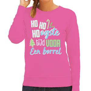 Foute Kersttrui/sweater voor dames - hoho hoogste tijd voor een borrel - roze - vrolijke kerst