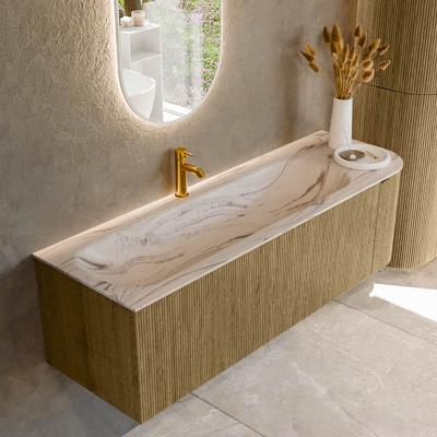 Badmeubel Mondiaz Kurve-Dlux | 145 cm | Meubelkleur Dusk | Wastafelkleur Nata | Solid surface | Wasbak linker zijde spoelbak | 1 kraangat