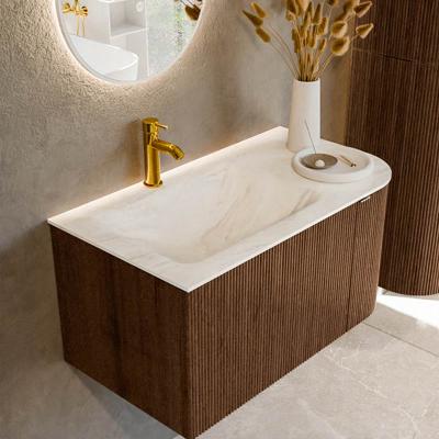 Badmeubel Mondiaz Kurve-Dlux | 85 cm | Meubelkleur Walnut | Wastafelkleur Ostra | Solid surface | Links spoelbak | 1 kraangat