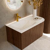 Badmeubel Mondiaz Kurve-Dlux | 85 cm | Meubelkleur Walnut | Wastafelkleur Ostra | Solid surface | Links spoelbak | 1 kraangat