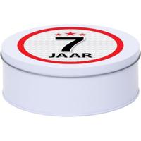 Leeftijd Snoeptrommel - koektrommel Cadeau - wit - rond blik - met 7 jaar sticker