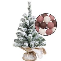 Mini kerstboom besneeuwd met verlichting - in jute zak - H45 cm - kleur mix rood - Kunstkerstboom