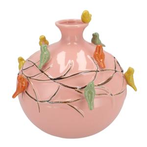 Vaas Spring birds - roze - keramiek - D23 x H23 cm - bloemenvaas