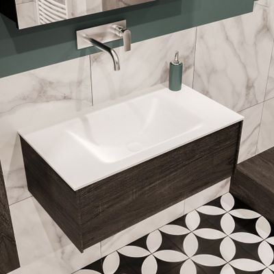 Mondiaz Lush Cloud badmeubel eiken Dark brown 80 cm 1 lade solid surface enkele spoelbak midden zonder kraangat