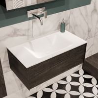 Mondiaz Lush Cloud badmeubel eiken donker bruin 80 cm 1 lade solid surface enkele spoelbak midden zonder kraangat
