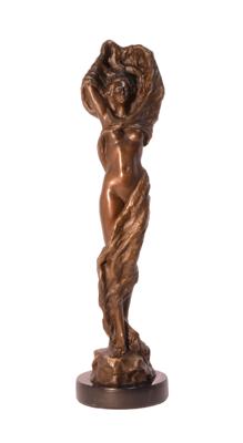A BRONZE SCULPTURE OF A FEMALE NUDE WITH SWIRLING CLOTH