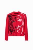 Geribd T-shirt met gezicht - RED - XL
