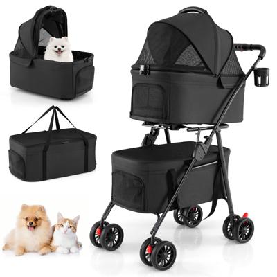 Opvouwbare Dubbele Dierenwagen met 2 Afneembare Transportboxen Autostoeltjes Reiswagen voor Kleine Honden en Katten 4 Vergrendelbare Terreinwielen Waterdichte Hoes-Zwart