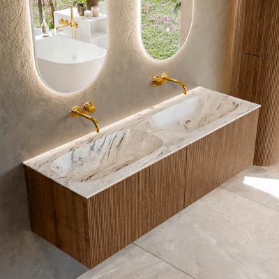 Mondiaz KURVE-DLUX 140 cm Onderkast Greeploos 2 Lades Zonder Deuren Walnut, Wastafel Solid Surface Dubbel Glace 0 Kraangaten Zonder Spiegel (KRVSTS1402L0D0KD-Wal/Gla)