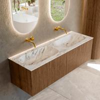 Mondiaz KURVE-DLUX 140 cm Onderkast Greeploos 2 Lades Zonder Deuren Walnut, Wastafel Solid Surface Dubbel Glace 0 Kraangaten Zonder Spiegel (KRVSTS1402L0D0KD-Wal/Gla)