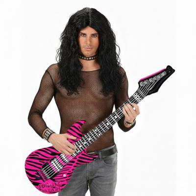 Rockster set - opblaas gitaar - roze zebra print - pruik heren - carnaval