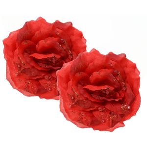 Kerstboom bloemen - 2x st - rood - 14 cm - op clip - kerstrozen