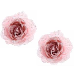 Kerst decoratie roos - 6x stuks - op clip - poeder roze - D14 cm - kunststof - kerstbloem - bloemen