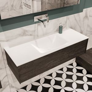 Mondiaz Lush Cloud badmeubel eiken donker bruin 120 cm 1 lade solid surface enkele spoelbak midden zonder kraangat