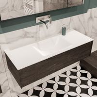 Mondiaz Lush Cloud badmeubel eiken donker bruin 120 cm 1 lade solid surface enkele spoelbak midden zonder kraangat