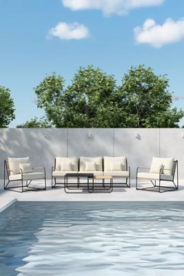Nohr Loungeset 'Markesha' Met bank, 2 loungestoelen en 2 tafels, kleur Beige/Zwart