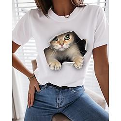 Dames T-shirt Grappig T-shirt Zwart Wit Grafisch Kat Afdrukken Korte mouw Casual Dagelijks Basic Ronde hals Normaal 100% katoen 3D Cat S Lightinthebox