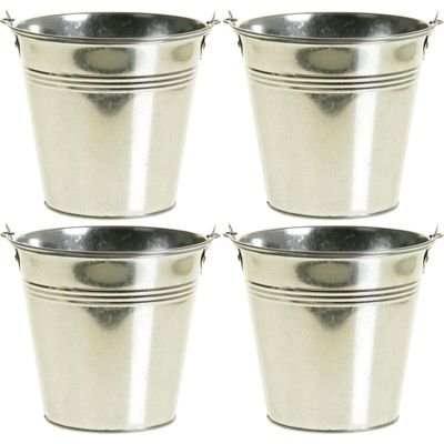 4x Zinken emmertjes/bloempotjes zilver 16 cm hoog