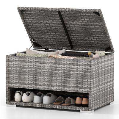 Tuinbox met Schoenenrek Polyrattan Kussenbox Weerbestendig met Beschermvoering & Deksel 186L 95 x 60 x 58 cm Grijs