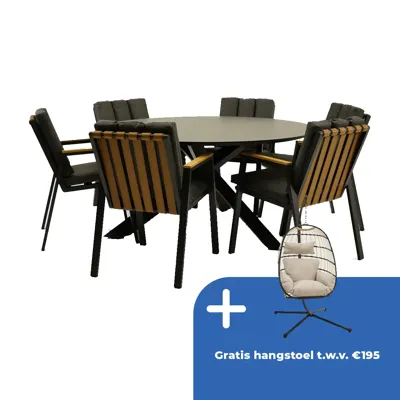 Tuintafel Rotonda met 6 Leather antraciet stoelen Tuintafel Rotonda met 6 Leather antraciet stoelen