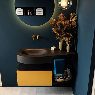 MONDIAZ RIVA 100cm badmeubel onderkast / planchet kleur Ocher met 1 lade. Wastafel DULCET links 0 kraangaten kleur Urban. MONDIAZ RIVA 100cm badmeubel onderkast / planchet kleur Ocher met 1 lade. Wastafel DULCET links 0 kraangaten kleur Urban.
