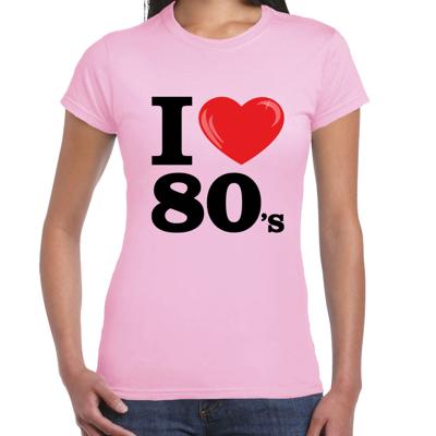 Disco T-shirt dames - I love 80s - roze - eighties thema party - verkleedkleding - themafeest