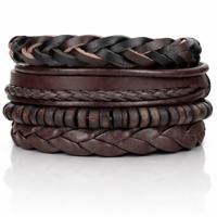 Heren armbanden Set Gevlochten leer Kralen Bruin
