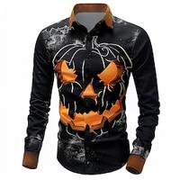 Halloween Pompoen Grijns Casual Voor heren Overhemd met knopen Lange mouw Feest / Avond Herfst Winter Lente zomer Strijkijzer Overhemdkraag Dichtknopen 3D-afdrukken Dun Oranje Polyester Lightinthebox