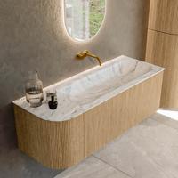 Mondiaz KURVE-DLUX 125 cm Onderkast Greeploos 1 Lade Met Deuren Oak, Wastafel Solid Surface Rechts Glace 0 Kraangaten Zonder Spiegel (KRVBGM125L1L1D0KR-Oak/Gla)