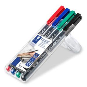 Staedtler Lumocoler 313, OHP-marker, permanent, 0,4 mm, etui van 4 stuks in geassorteerde kleuren