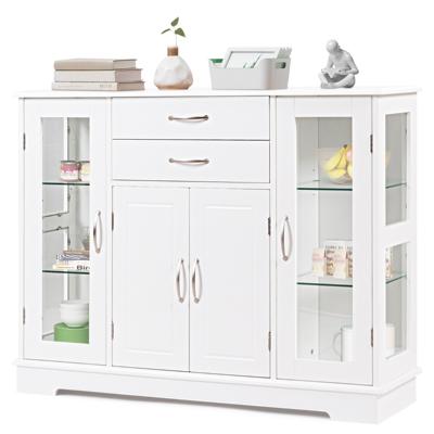 Opbergkast Buffet Dressoir Kast met Gehard Glazen Deuren Houten Console Tafel voor Tafelgerei Opslag Wit